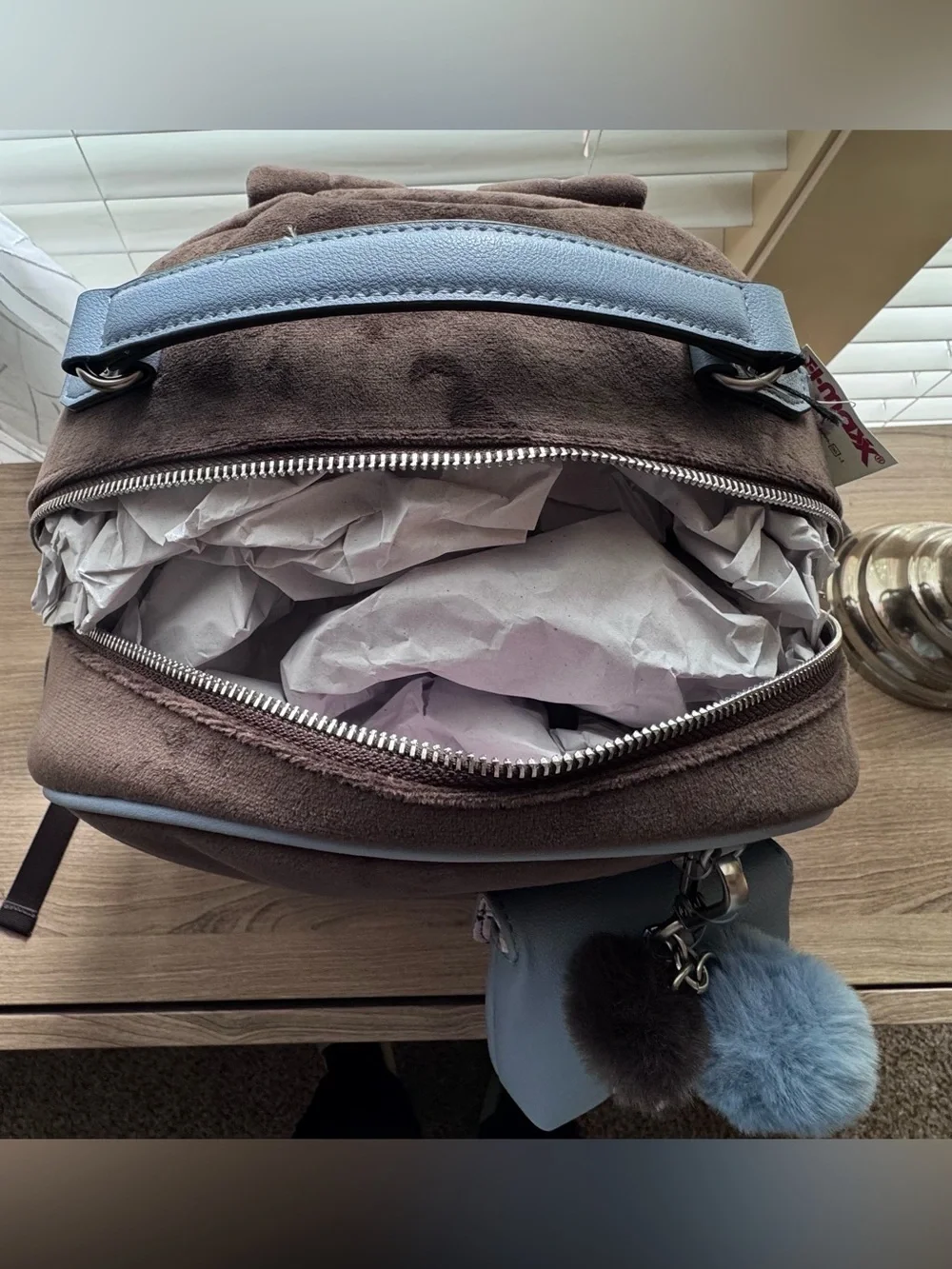 Juicy Couture Brown  Velour Backpack with Light Blue Charm Pouch
